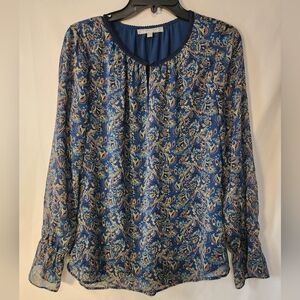DANIEL RAINN Women’s Boho Blue Metallic Paisley Long Sleeve Blouse Med